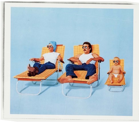 woman, man, and baby in sunglasses in lawn chairs; poster for Raising Arizona