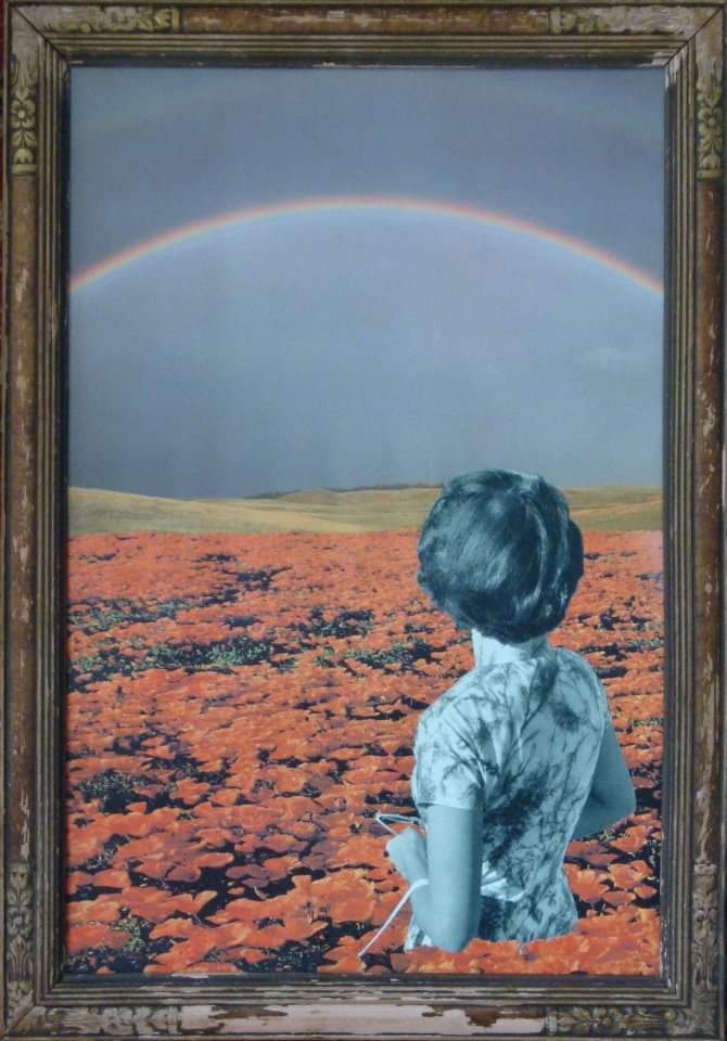 collage of woman standing in poppy field looking toward a double rainbow