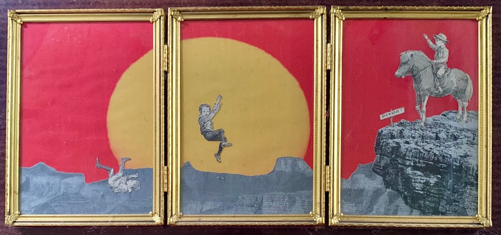 collage of two boys tumbling off a cliff while a third waves from atop a pony next to a sign that reads Danger!