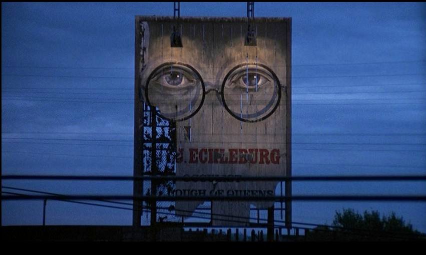 billboard of eyes in glasses; Great Gatsby
