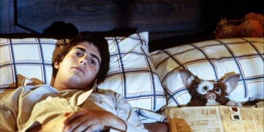 man with head on pillow next to scared looking Mogwai; Gremlins