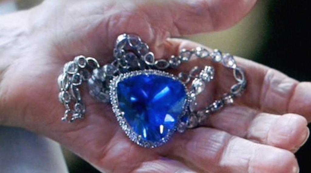 blue heart-shaped gem necklace; the Heart of the Ocean from Titanic