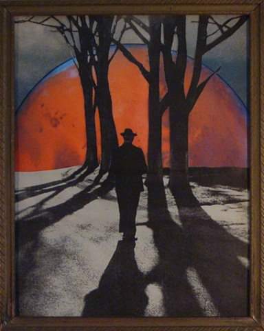 collage of man in hat walking into trees with red planet in background