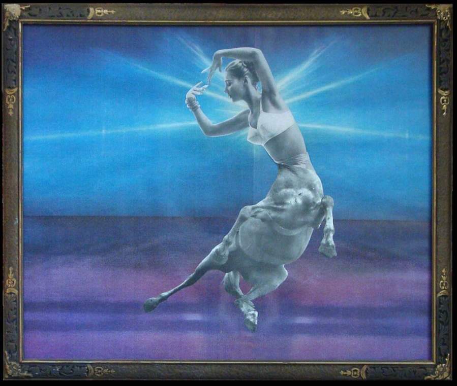 collage of woman centaur in bra against blue purple background