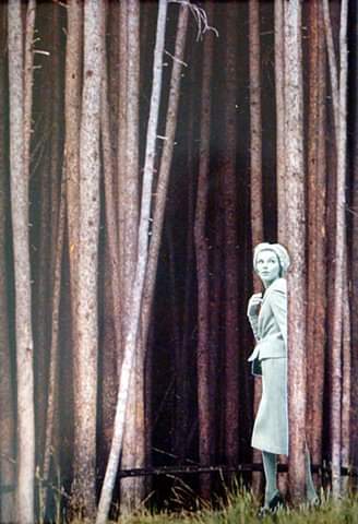 collage of woman in hat looking behind her as she walks into the trees