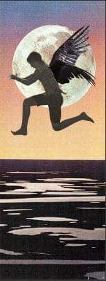 collage of boy with wings leaping over lakes, framed by the moon
