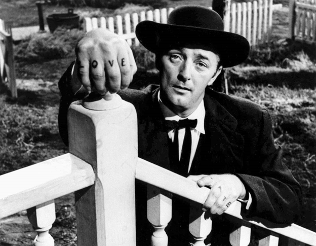 man with LOVE tattooed on fingers; Robert Mitchum in Night of the Harvest