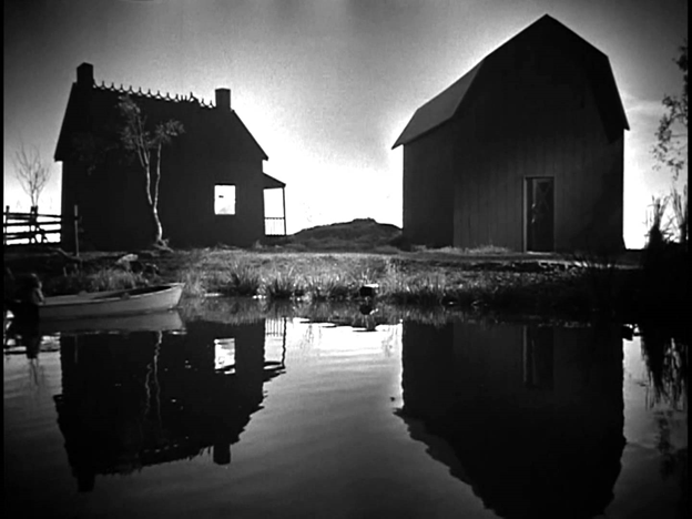 a barn and a shed reflected in a river; Night of the Harvest