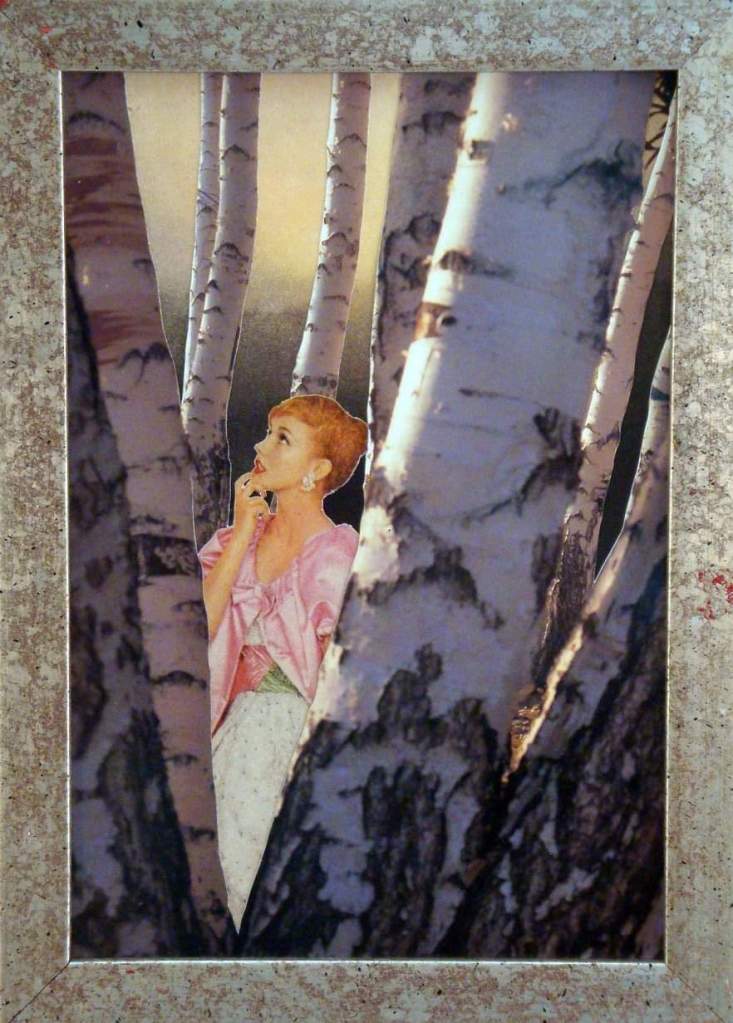 collage of woman in pink standing amongst birch trees