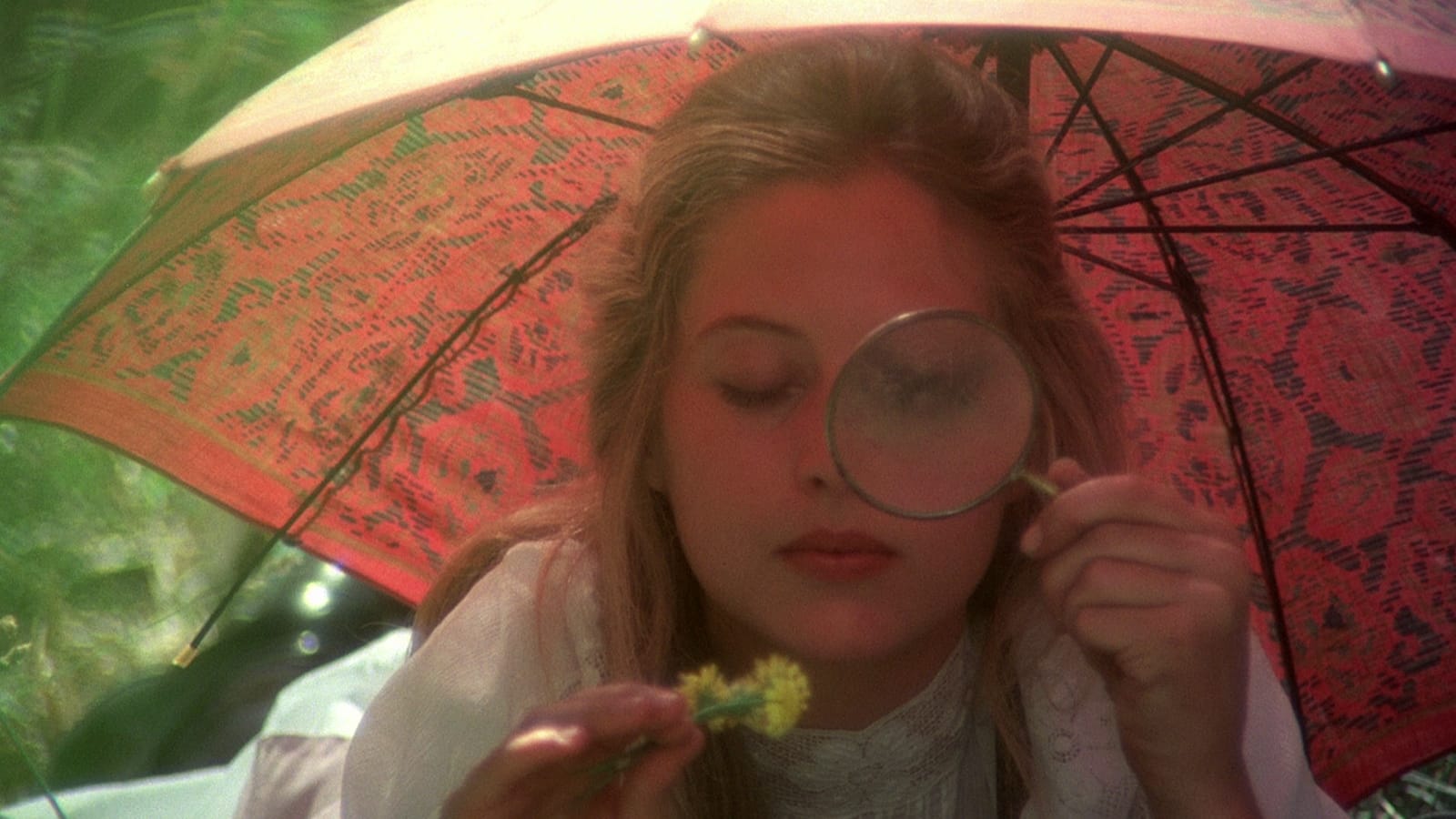 girl looks at flower with magnifying glass in Weir's Picnic At Hanging Rock