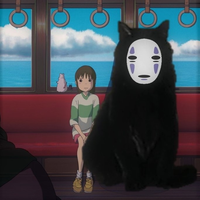 girl on a train sitting next to a giant black cat playing part of No Face in Spirited Away