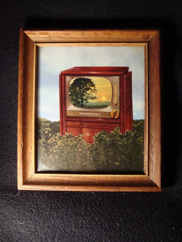 collage of old television cabinet with sunset in screen