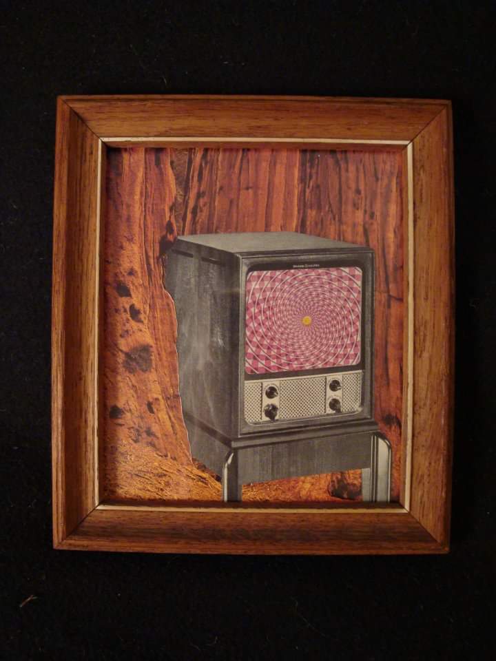 college of old fashioned television cabinet with graphic in screen