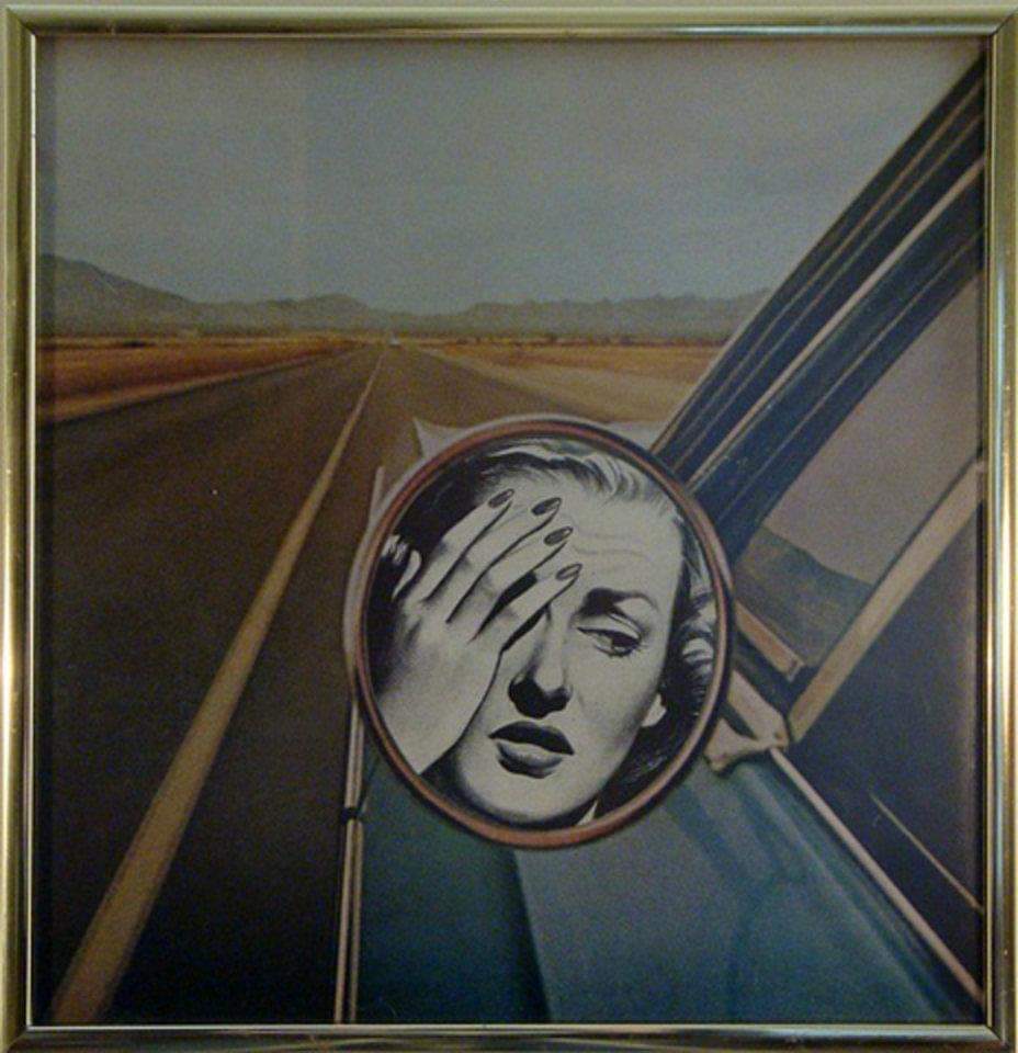 collage woman worried in rearview mirror on desert highway