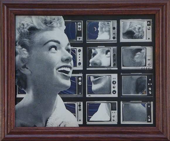 collage of smiling woman facing herself against a stack of televisions