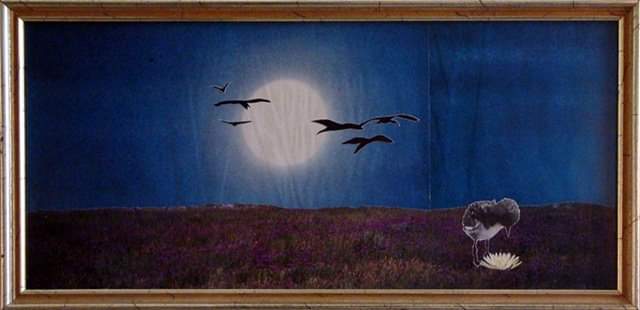 collage of chick bird looking into flower with bird silhouettes against the moon