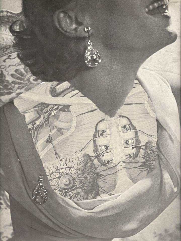 collage of smiling woman with vessels and bones exposed