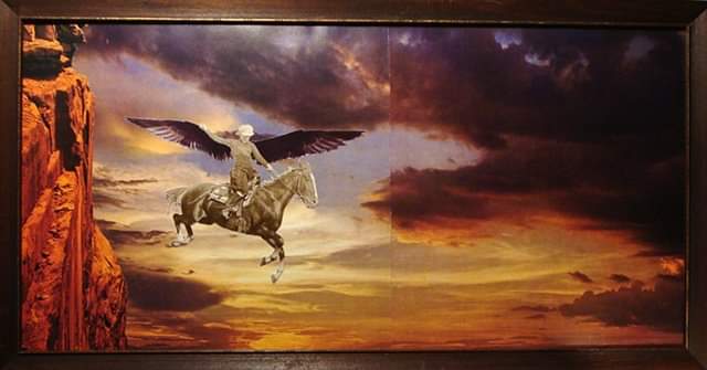 collage of woman with wings on horse flies against colorful sky