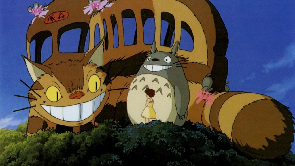 smiling catbus and girl and forest spirit; Miyazaki's Totoro