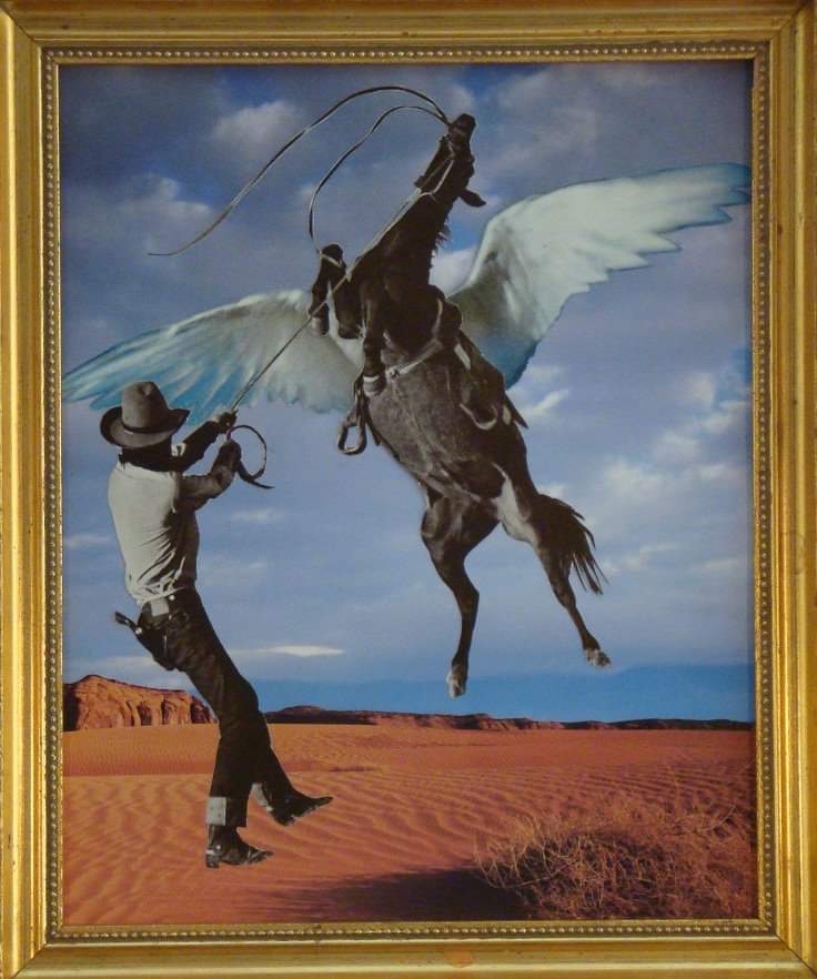 collage of cowboy lassoing horse with wings against blue sky