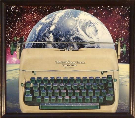 collage of Remington typewriter with planet in carriage and on keys
