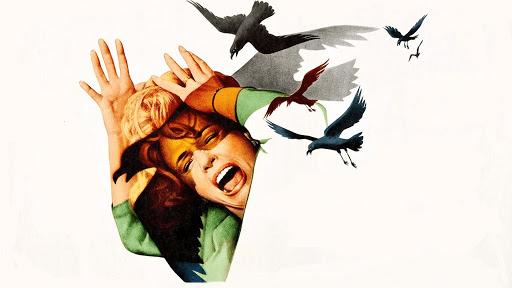 poster for Alfred Hitchcock's The Birds, featuring an illustration of Tippi Hedren being attacked by crows