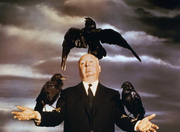 a bald fat man stares into the camera with crows perched on his arms and head; Alfred Hitchcock